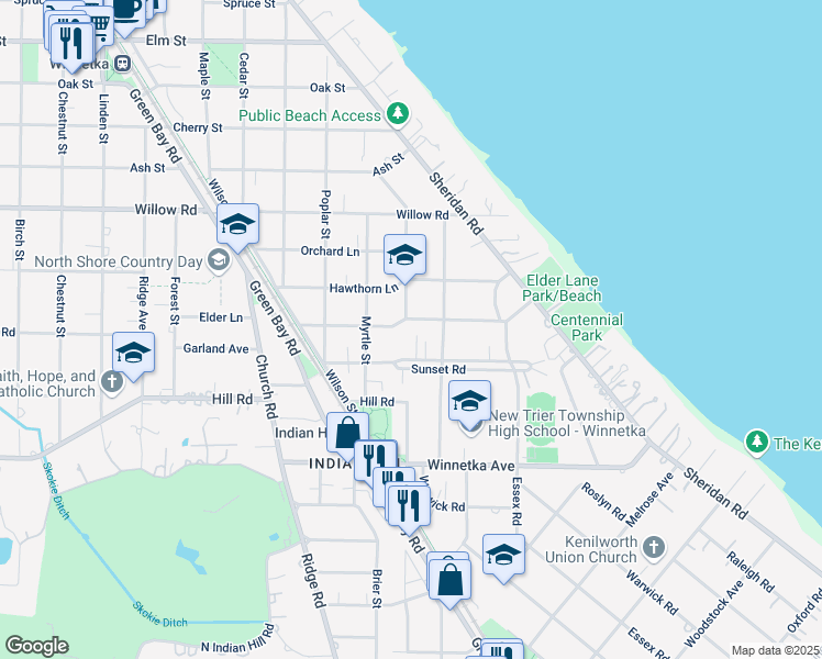 map of restaurants, bars, coffee shops, grocery stores, and more near 444 Elder Lane in Winnetka
