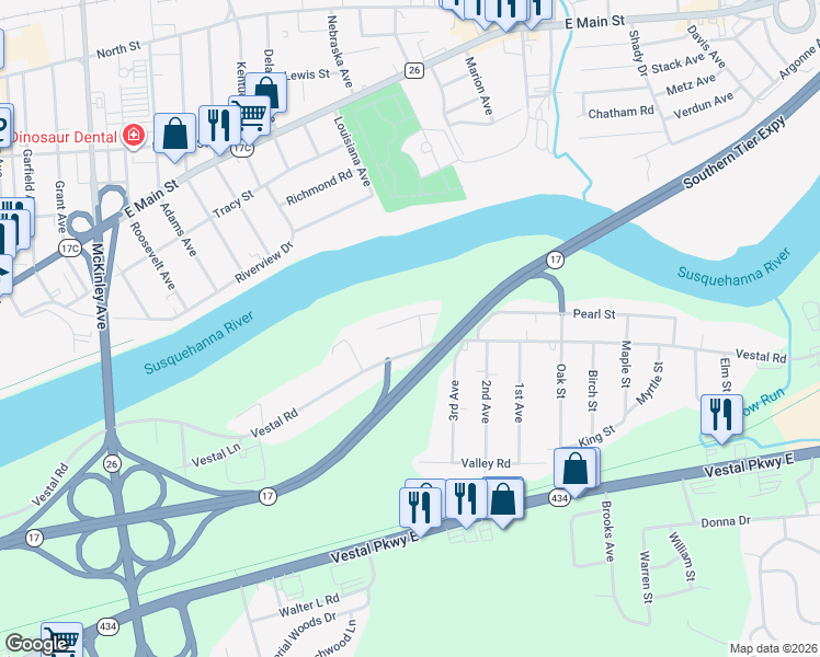 map of restaurants, bars, coffee shops, grocery stores, and more near 1224 Edward St in Vestal