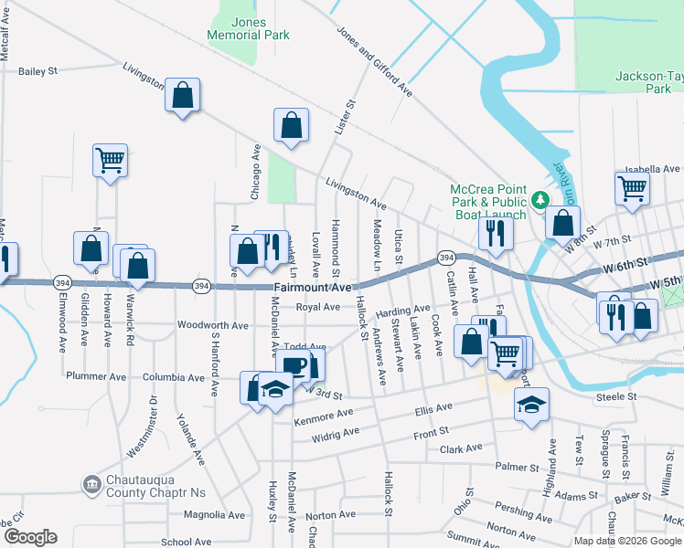 map of restaurants, bars, coffee shops, grocery stores, and more near 11 Hammond Street in Jamestown