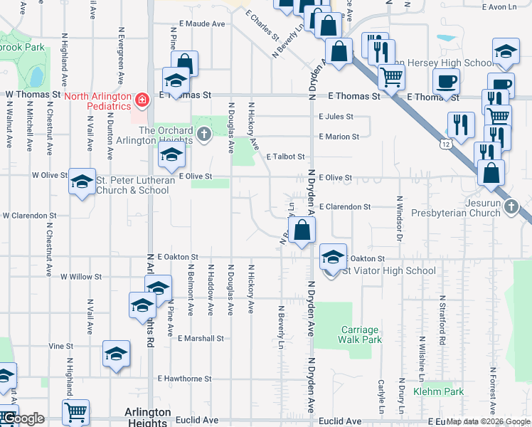 map of restaurants, bars, coffee shops, grocery stores, and more near 1154 North Hickory Avenue in Arlington Heights