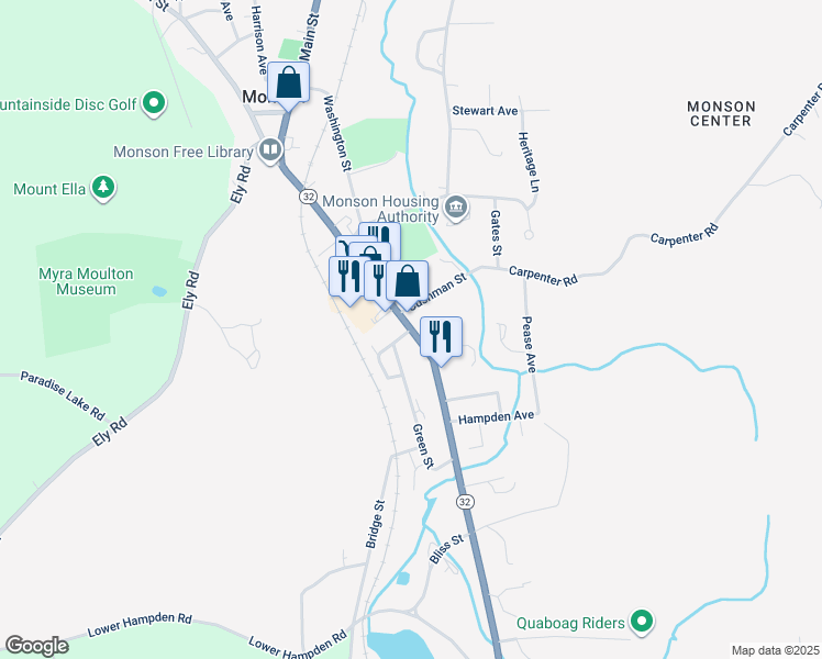 map of restaurants, bars, coffee shops, grocery stores, and more near Main Street in Monson