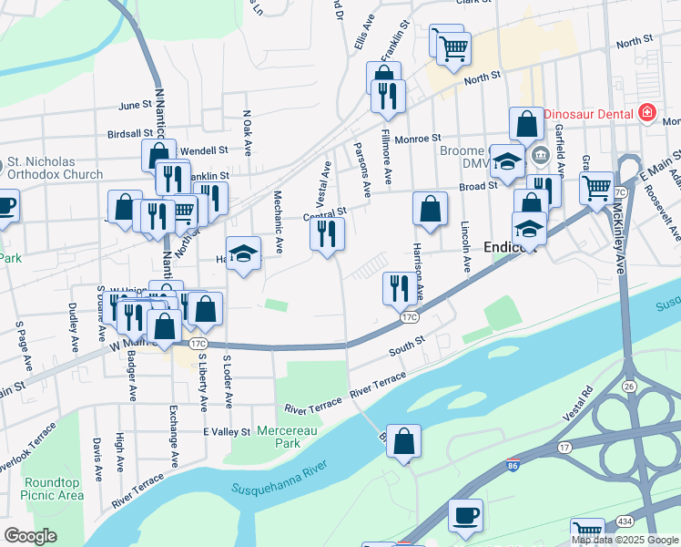map of restaurants, bars, coffee shops, grocery stores, and more near Vestal Avenue in Endicott