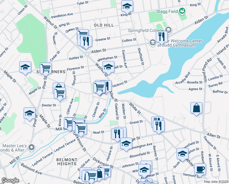 map of restaurants, bars, coffee shops, grocery stores, and more near 20 Allen Street in Springfield