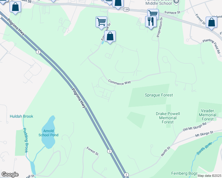 map of restaurants, bars, coffee shops, grocery stores, and more near Commerce Road in Marshfield