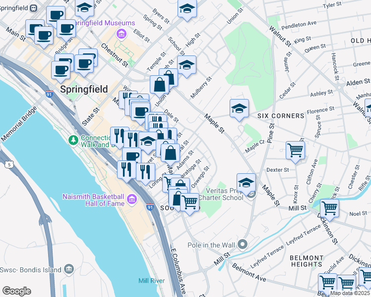map of restaurants, bars, coffee shops, grocery stores, and more near 49 Central Street in Springfield