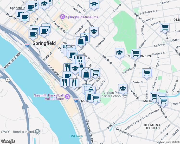 map of restaurants, bars, coffee shops, grocery stores, and more near 49 Central Street in Springfield