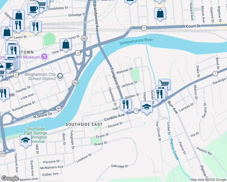 map of restaurants, bars, coffee shops, grocery stores, and more near 30 Jackson Street in Binghamton