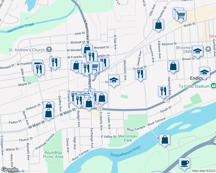 map of restaurants, bars, coffee shops, grocery stores, and more near 105 South Liberty Avenue in Endicott