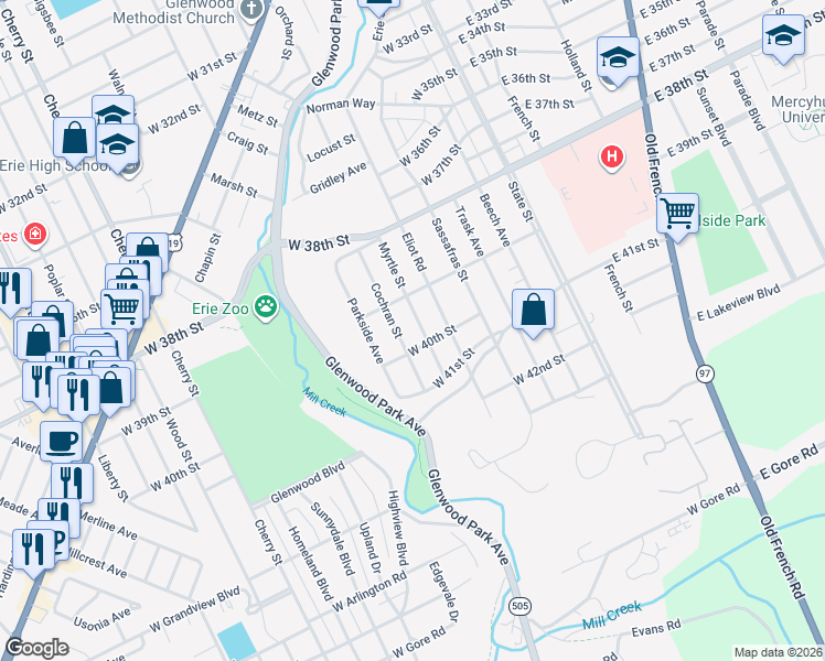 map of restaurants, bars, coffee shops, grocery stores, and more near 3920 Cochran St in Erie