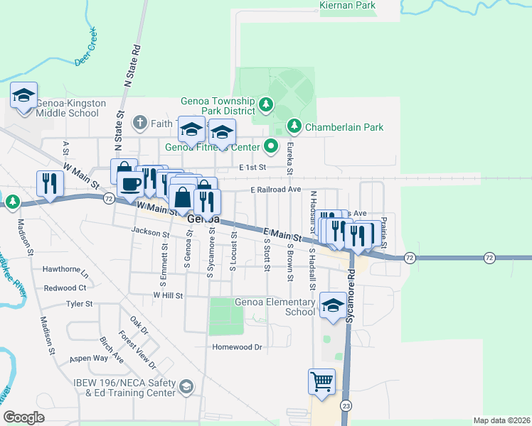 map of restaurants, bars, coffee shops, grocery stores, and more near 121 North Stott Street in Genoa