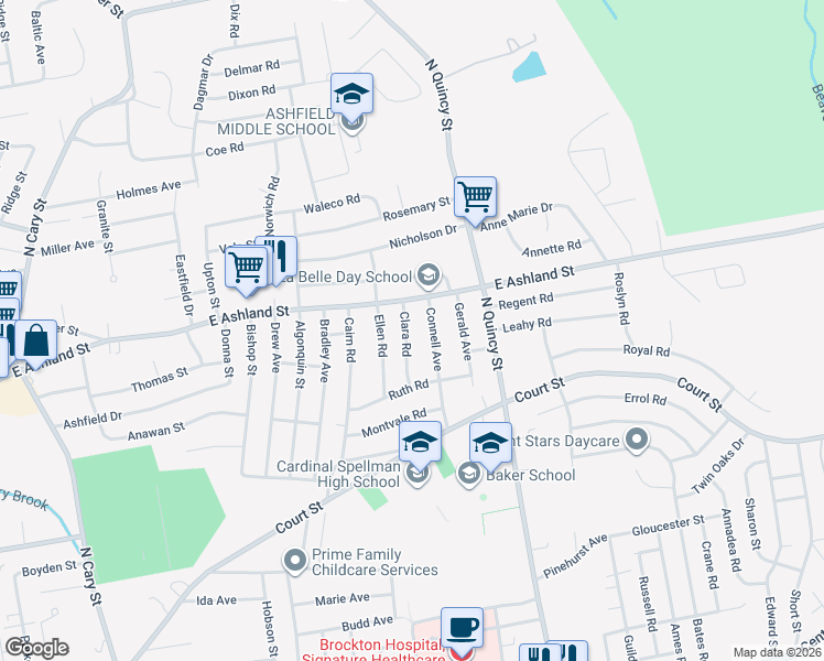 map of restaurants, bars, coffee shops, grocery stores, and more near 47 Clara Road in Brockton