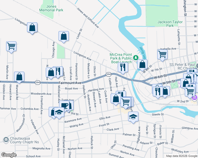 map of restaurants, bars, coffee shops, grocery stores, and more near 269 Fairmount Avenue in Jamestown