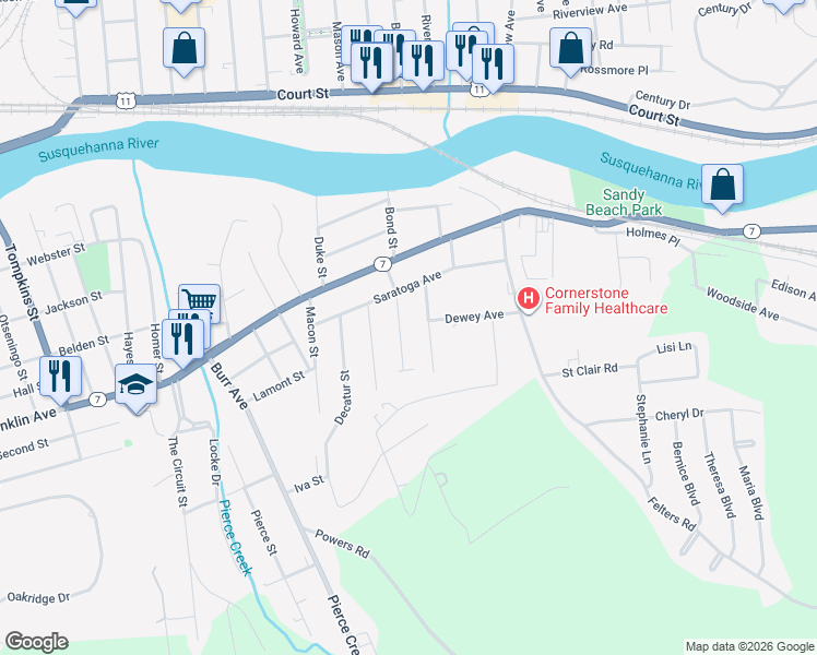 map of restaurants, bars, coffee shops, grocery stores, and more near 19 Medford St in Binghamton