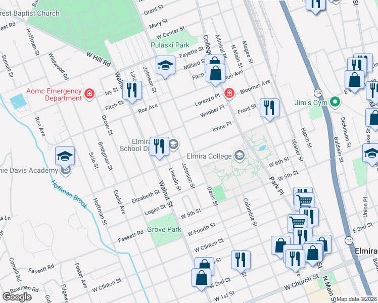 map of restaurants, bars, coffee shops, grocery stores, and more near 406 West Washington Avenue in Elmira