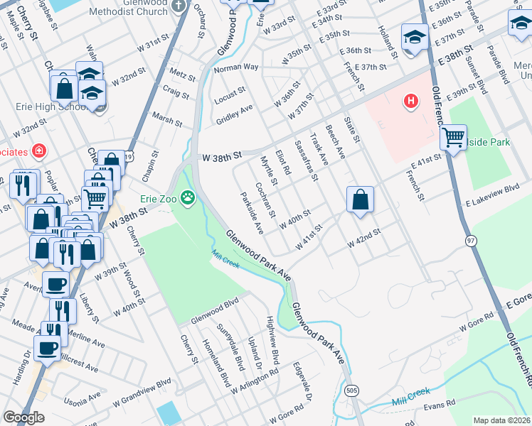 map of restaurants, bars, coffee shops, grocery stores, and more near 3920 Cochran St in Erie