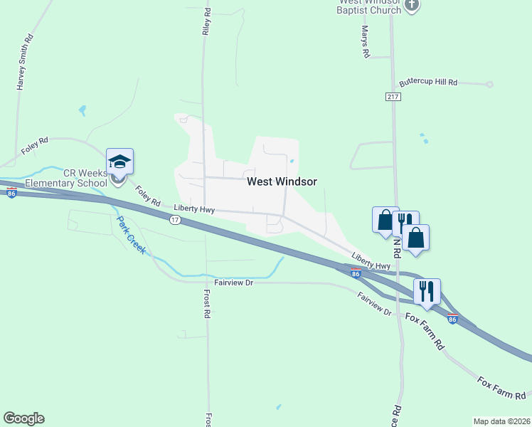 map of restaurants, bars, coffee shops, grocery stores, and more near 78 Liberty Hwy in Windsor