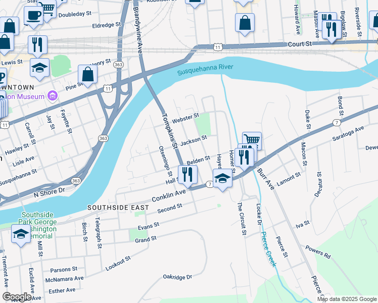 map of restaurants, bars, coffee shops, grocery stores, and more near 50 Broome Street in Binghamton