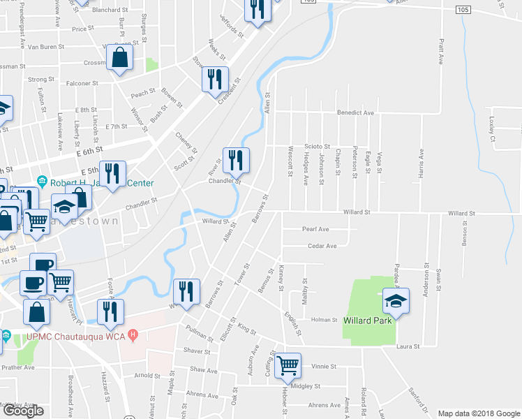 map of restaurants, bars, coffee shops, grocery stores, and more near 225 Barrows Street in Jamestown