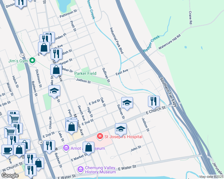 map of restaurants, bars, coffee shops, grocery stores, and more near 267 Judson Street in Elmira