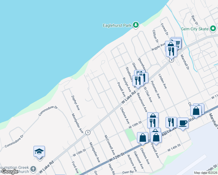 map of restaurants, bars, coffee shops, grocery stores, and more near 3840 Argyle Avenue in Erie