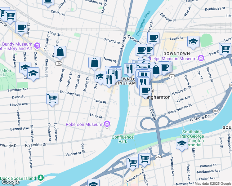 map of restaurants, bars, coffee shops, grocery stores, and more near 80 Front Street in Binghamton