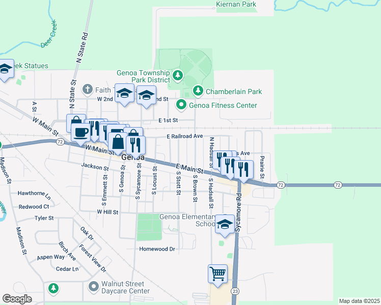 map of restaurants, bars, coffee shops, grocery stores, and more near 130 North Brown Street in Genoa