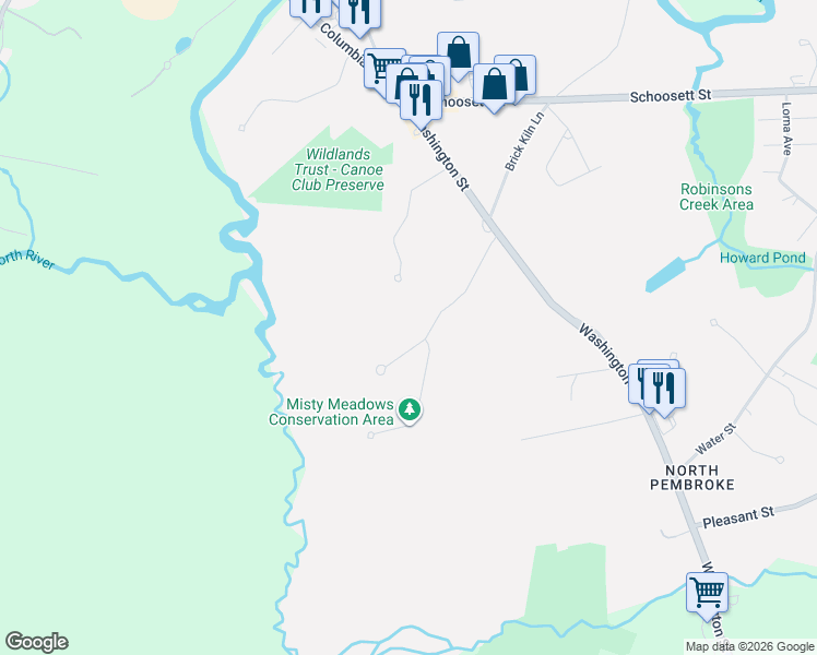 map of restaurants, bars, coffee shops, grocery stores, and more near 51 Misty Meadow Road in Pembroke