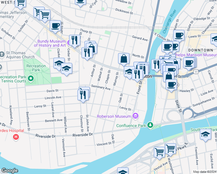 map of restaurants, bars, coffee shops, grocery stores, and more near 22 Seminary Avenue in Binghamton
