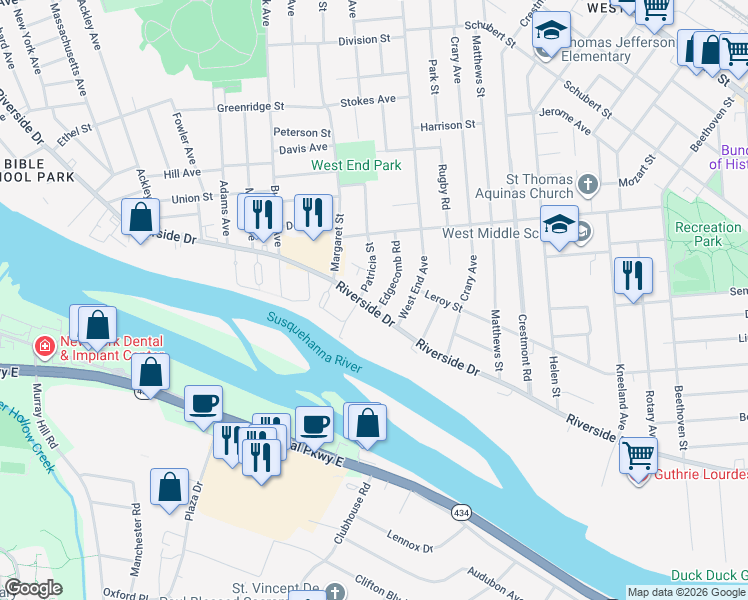 map of restaurants, bars, coffee shops, grocery stores, and more near 314 Riverside Drive in Binghamton