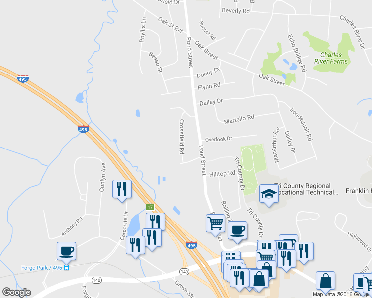 map of restaurants, bars, coffee shops, grocery stores, and more near 193 Crossfield Road in Franklin