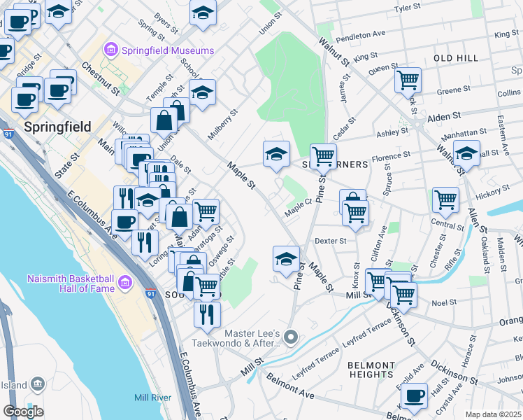 map of restaurants, bars, coffee shops, grocery stores, and more near 266 Maple Street in Springfield