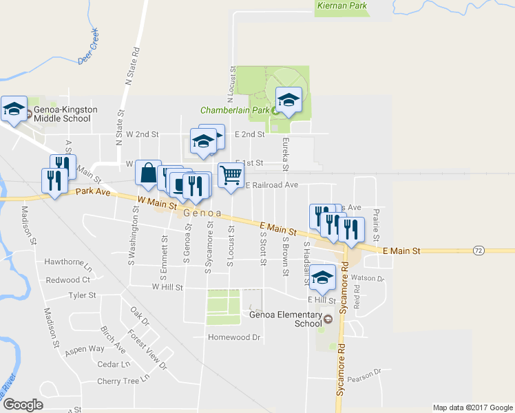 map of restaurants, bars, coffee shops, grocery stores, and more near 121 North Stott Street in Genoa