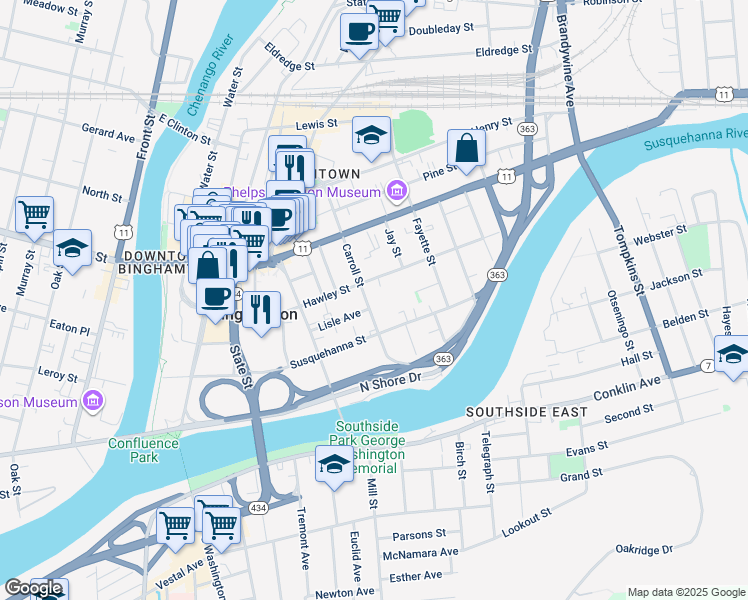 map of restaurants, bars, coffee shops, grocery stores, and more near 50 Carroll Street in Binghamton