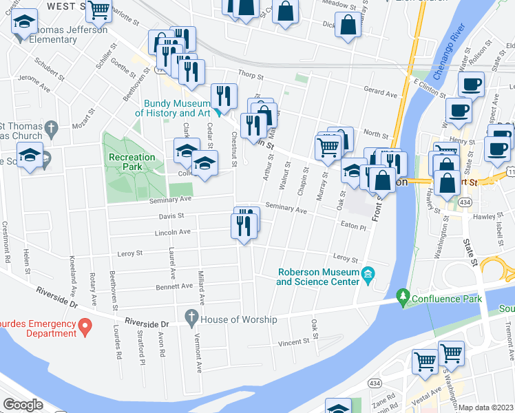 map of restaurants, bars, coffee shops, grocery stores, and more near 49 Seminary Avenue in Binghamton
