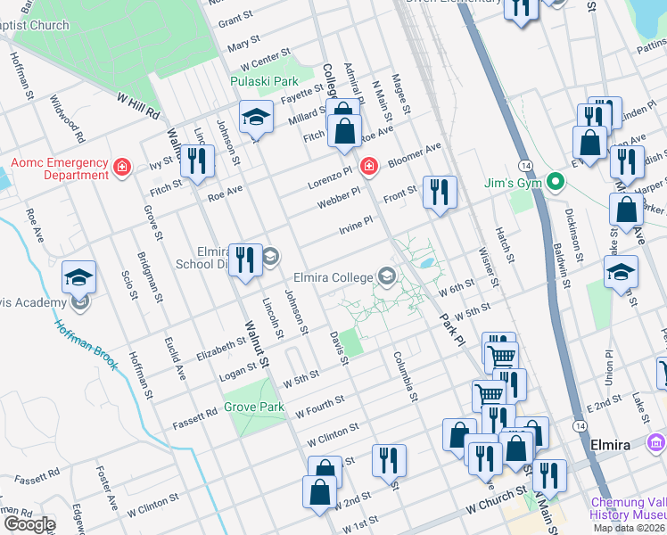 map of restaurants, bars, coffee shops, grocery stores, and more near 337 West Washington Avenue in Elmira