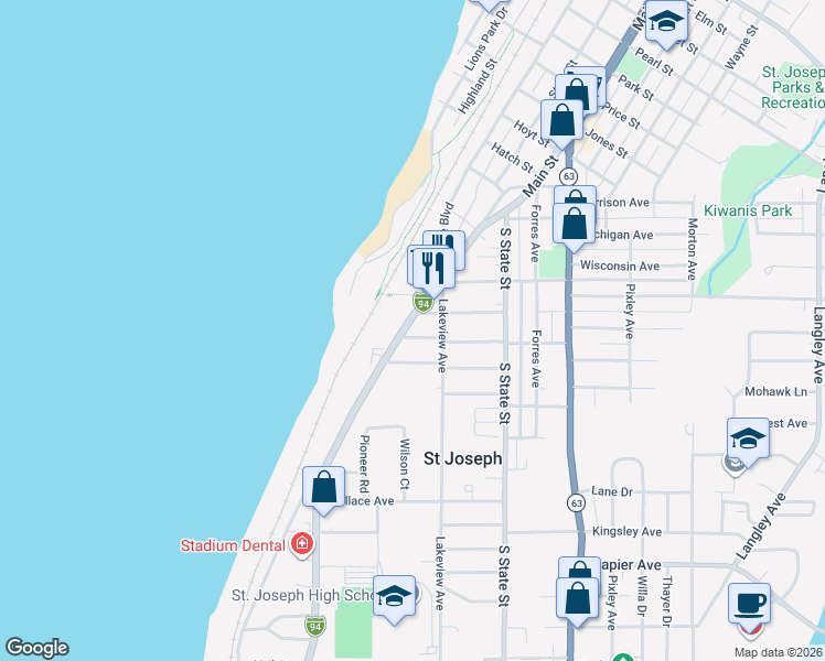 map of restaurants, bars, coffee shops, grocery stores, and more near 1719 Lakeshore Drive in St. Joseph