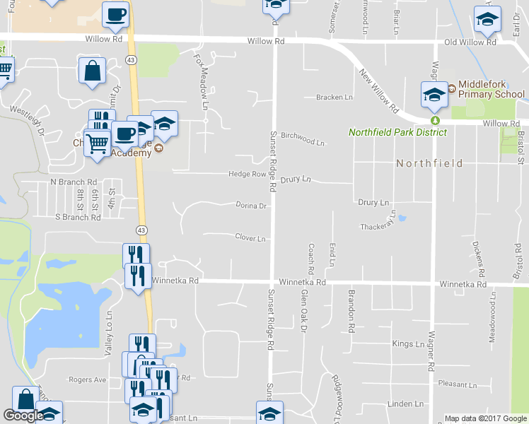 map of restaurants, bars, coffee shops, grocery stores, and more near 2300 Dorina Drive in Northfield