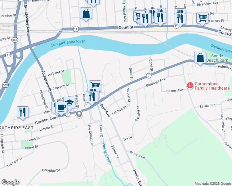 map of restaurants, bars, coffee shops, grocery stores, and more near in Binghamton
