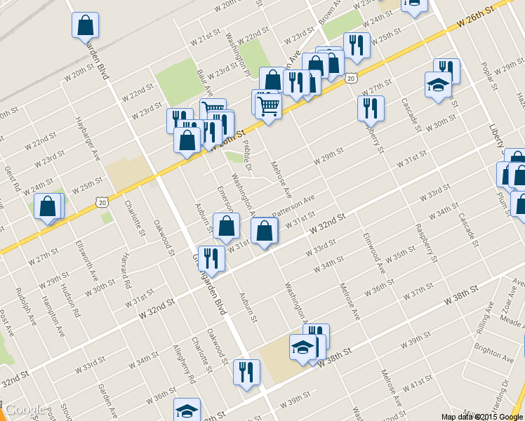 map of restaurants, bars, coffee shops, grocery stores, and more near 1449 West 30th Street in Erie