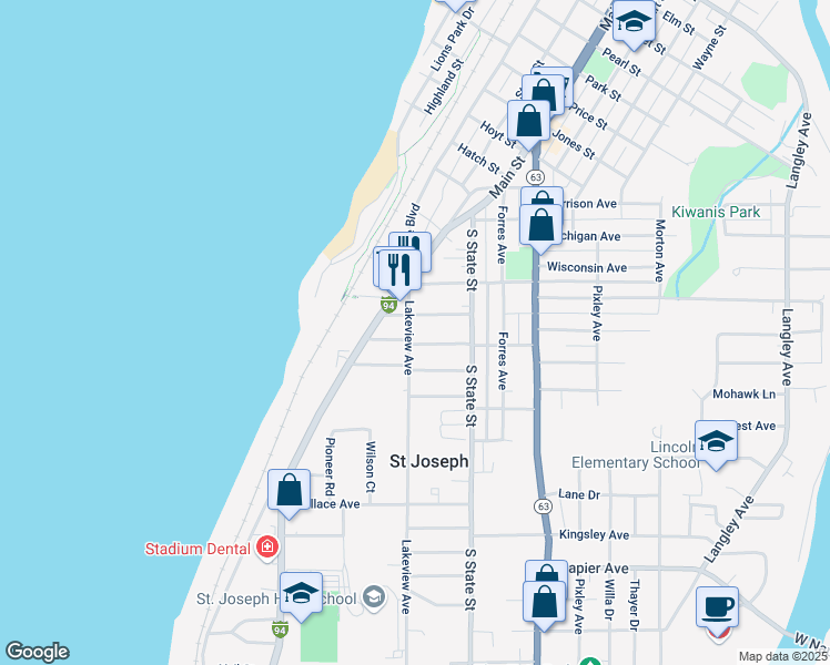 map of restaurants, bars, coffee shops, grocery stores, and more near 1739 Lakeview Avenue in St. Joseph