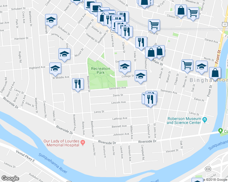 map of restaurants, bars, coffee shops, grocery stores, and more near 103 Seminary Avenue in Binghamton