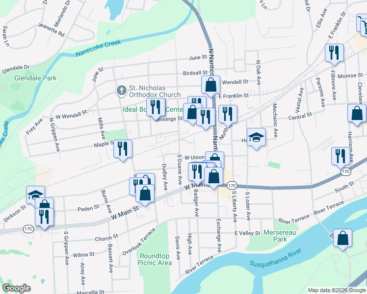 map of restaurants, bars, coffee shops, grocery stores, and more near 57 South Duane Avenue in Endicott