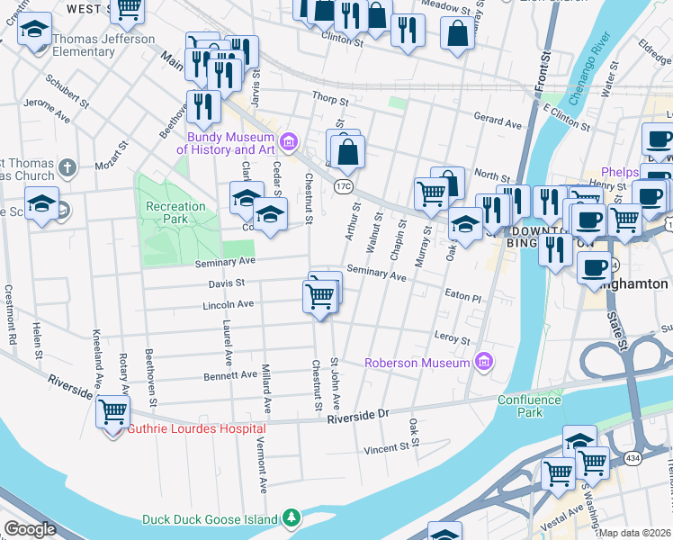 map of restaurants, bars, coffee shops, grocery stores, and more near 49 Seminary Avenue in Binghamton