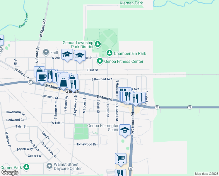 map of restaurants, bars, coffee shops, grocery stores, and more near 130 North Brown Street in Genoa