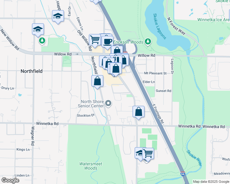 map of restaurants, bars, coffee shops, grocery stores, and more near 1721 Northfield Square in Northfield