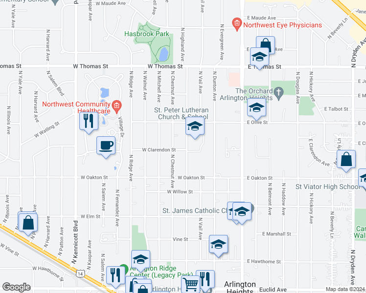 map of restaurants, bars, coffee shops, grocery stores, and more near 204 West Clarendon Street in Arlington Heights