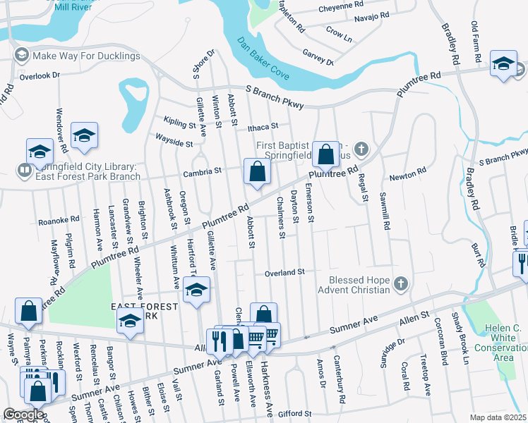 map of restaurants, bars, coffee shops, grocery stores, and more near 22 Buick Street in Springfield