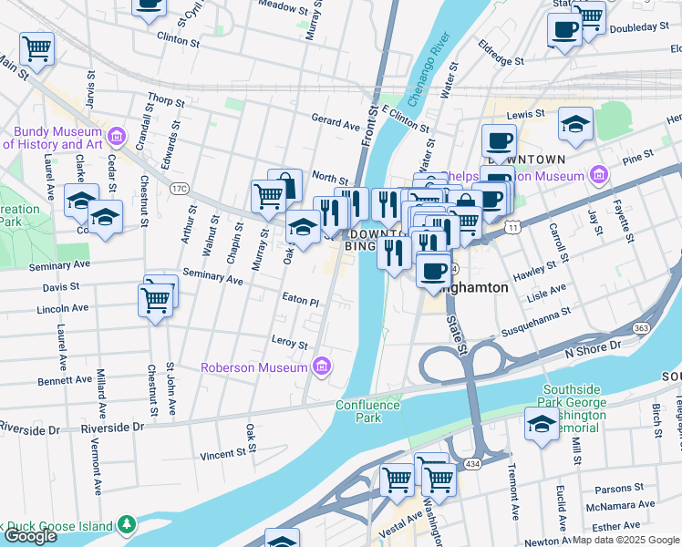map of restaurants, bars, coffee shops, grocery stores, and more near 80 Front Street in Binghamton
