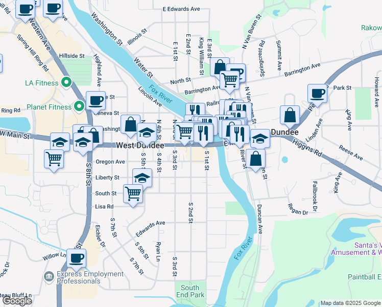 map of restaurants, bars, coffee shops, grocery stores, and more near 118 South 1st Street in West Dundee