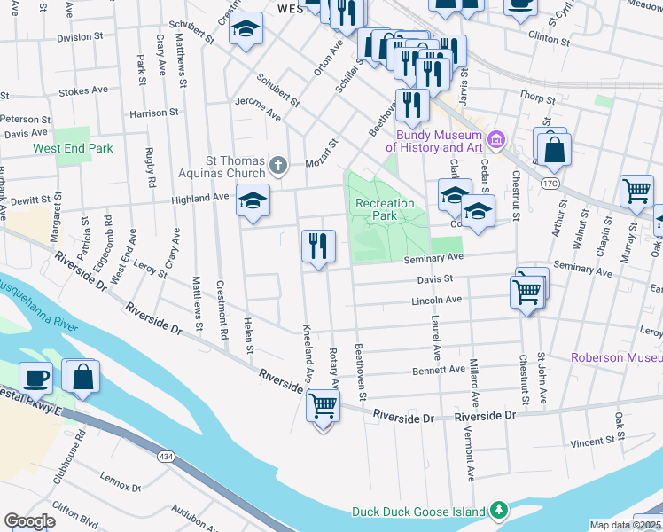 map of restaurants, bars, coffee shops, grocery stores, and more near 66 Rotary Avenue in Binghamton